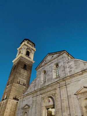 Beautiful architectural shot of Turin Cathedral and its bell tower at dusk in Torino, Italy.
